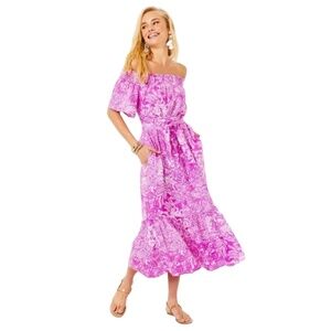 NWT Lilly Pulitzer Isbell linen MIDI Dress Wild Fuchsia Swipe Right size Large